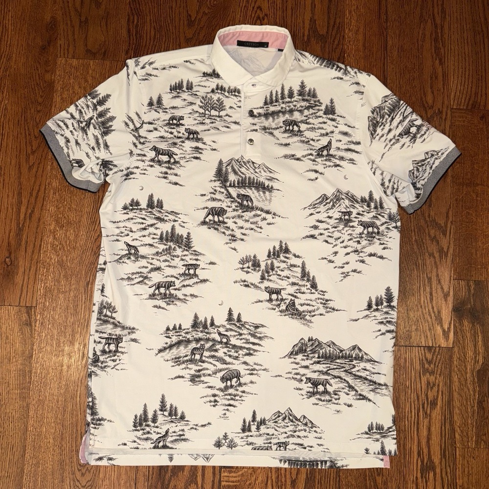 Greyson Wolf Toile Forrest Performance Polo‎ Men's M White Black St Ives Stretch - Picture 2 of 8